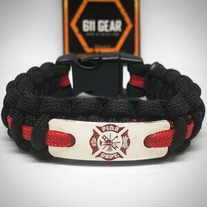 Fire Dept Badge Paracord Bracelet - Black with a Red stripe